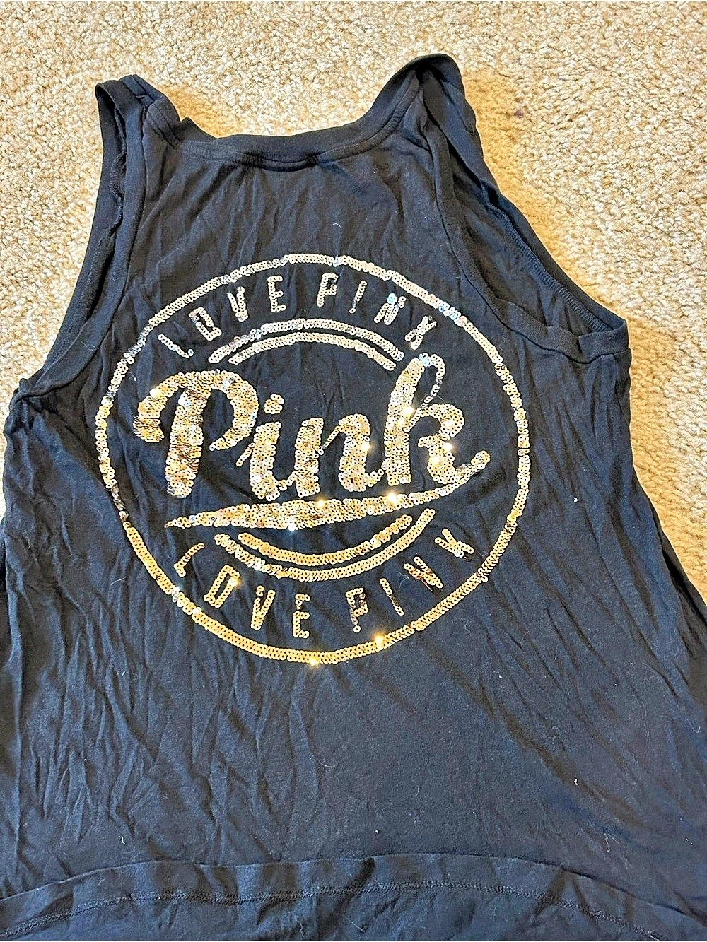 Victoria's Secret PINK Sequin Graphic Tank Black Size Medium Like New